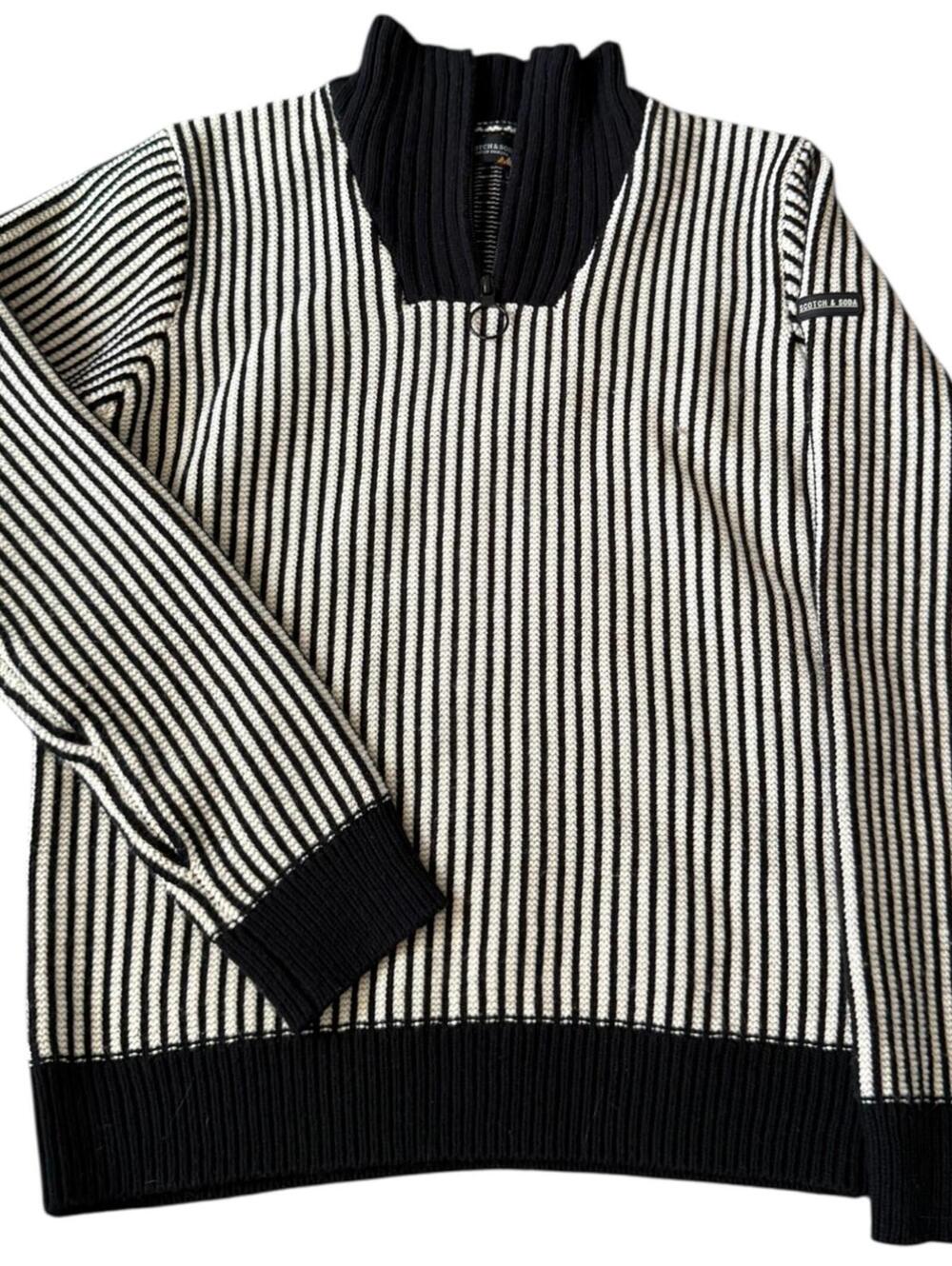 Scotch & Soda Striped Half Zip Sweater Black White Ribbed Knit Size 14 XL